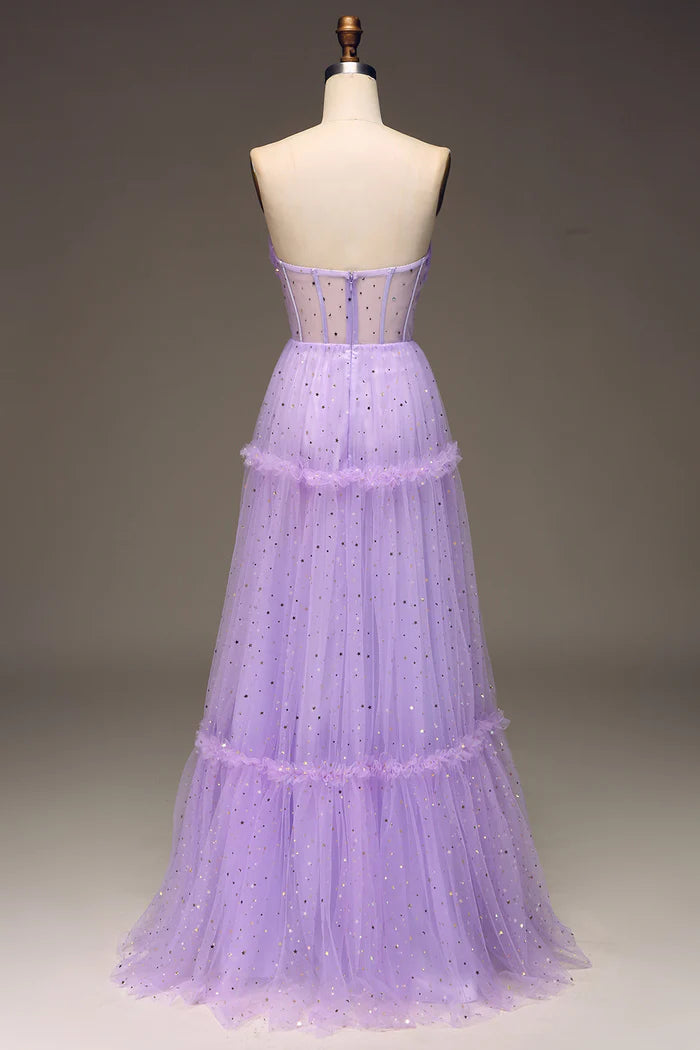 Robe Weitese trapèze en tulle sans bretelles, corset violet, robe de bal, robe longue, fermeture éclair, sans manches, robe de soirée